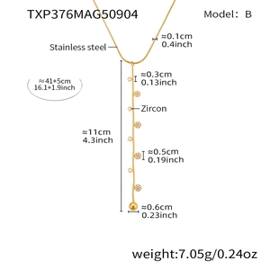 Technical view of gold stainless steel Y-necklace showing 41+5cm length and zircon details