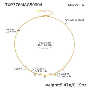 Detailed view of stainless steel gold chain with zircon pendants and dimension specifications