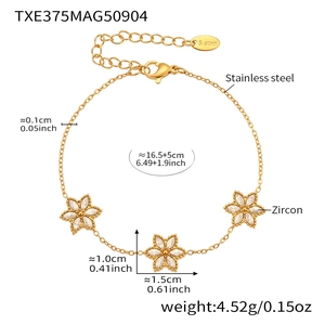 Detailed size map of gold stainless steel zircon flower bracelet with weight measurements