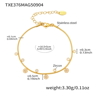 Technical detail of stainless steel bracelet with zircon charms and size specifications