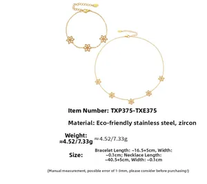 Detailed view of flower necklace and bracelet set with 5A zircon in gold stainless steel