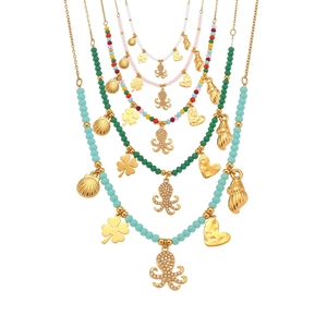 Five-piece set of Bohemian ocean-themed beaded necklaces with gold charms and sea life pendants