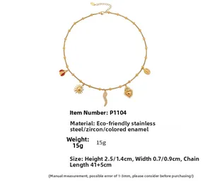 Detailed specs of gold stainless steel necklace with ladybug and heart charms