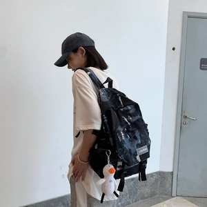 Sac à dos noir de grande capacité avec imprimé abstrait blanc et charme de canard