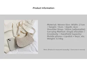 Detail of straw woven tote with dimensions 21x15x8cm and adjustable 140cm strap