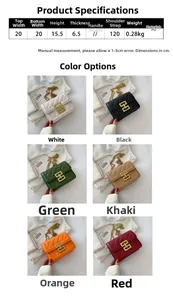 Detailed size specifications and six color variants of the quilted pearl chain handbag