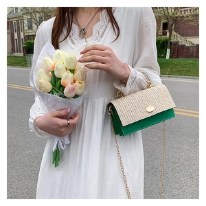 Détail du sac en cuir vert avec rabat tissé beige et bandoulière chaîne dorée