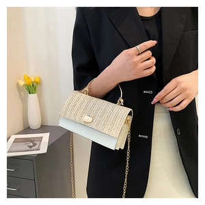 Détail du sac bandoulière tissé avec poignée en métal doré et chaîne sur un blazer noir