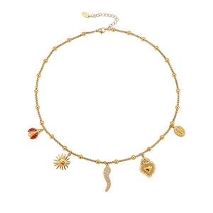 Golden stainless steel multi-pendant necklace with ladybug, sun, heart and icon charms