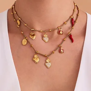 Collier En Acier Inoxydable Cœur Zircon Multi Charme Plaqué Or Bohème Coccinelle Piment Pièce Pendentif Bijoux Pour Femmes