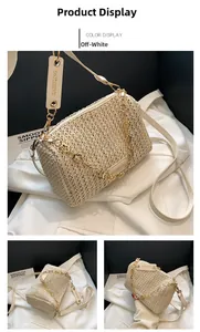 Macro shot of cream woven crossbody bag with gold chain strap and zipper details