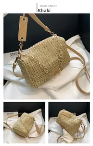 Macro detail of khaki woven cylinder bag featuring leather strap and gold chain accent