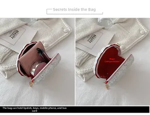 Detail view of mini sequin shell bag capacity showing red lining and makeup essentials