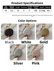 Size chart and dimensions for the sequined shell-shaped crossbody bag in various colors