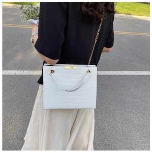 Detailed view of white crocodile pattern PU leather tote with elegant gold chain strap