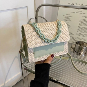 Sac à Épaule en Paille Tissée Mode Coréenne pour Femmes Décontracté Fourre-tout Avec Chaîne Acrylique Nœud Été Plage