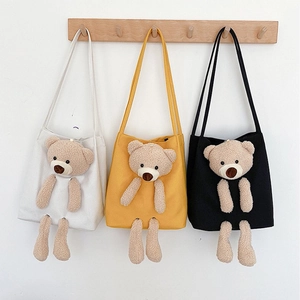 Women Canvas Shoulder Bag With 3D Plush Teddy Bear Doll Cute Large Capacity Tote Crossbody Bag For School Travel Shopping