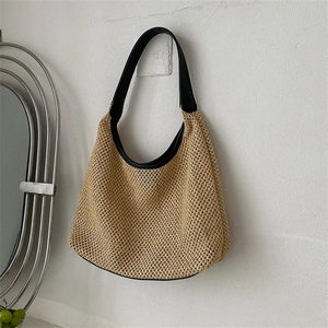 Strohgewebte Schultertasche Damen Hobo Tote Strandtasche PU Lederbesatz Große Kapazität Leicht Casual