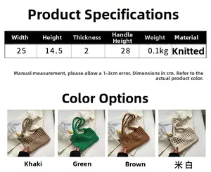 Specifiche dimensionali e quattro varianti di colore della borsa a tracolla all'uncinetto