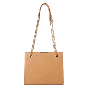 Brown crocodile pattern tote bag with gold chain strap and metallic bar detail