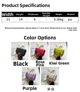 Detailed size specifications for quilted chain crossbody bag in various colors