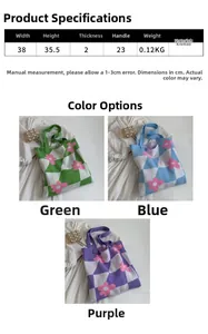 Size chart showing 38x35.5cm dimensions for the floral knit shoulder tote bag