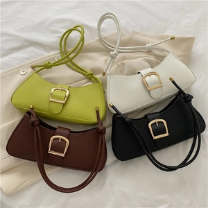 Minimalist PU Leather Underarm Shoulder Bag For Women Vintage Gold Buckle Knot Strap Solid Color Small Baguette Bag