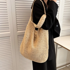 Handmade beige woven hobo shoulder bag with large capacity for casual daily use