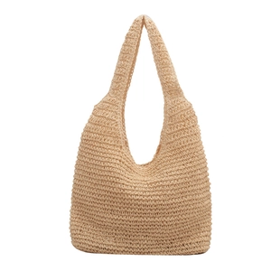 Chic woven straw shoulder tote bag with minimalist crochet texture and large capacity