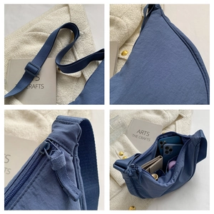Detailed views of blue nylon half-moon bag featuring fabric straps and interior storage