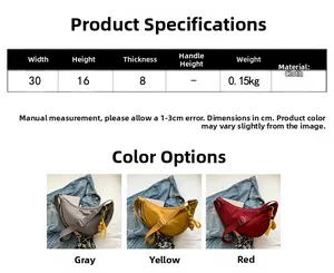 Size chart showing nylon crossbody bag dimensions 30x16x8cm and weight specifications