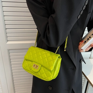 Neon green quilted faux leather crossbody bag with gold chain strap for women