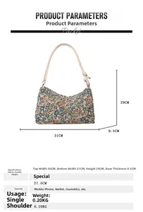 Detailed dimension chart of floral canvas shoulder bag with specific size parameters