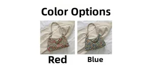 Detail view of floral canvas hobo bags with woven rope straps in red and blue colors