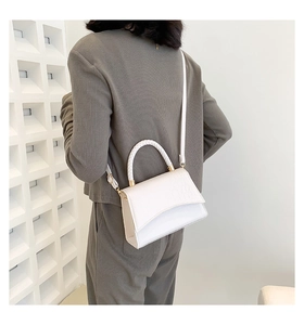 Detailed back view of white crocodile pattern crossbody bag with woven handle