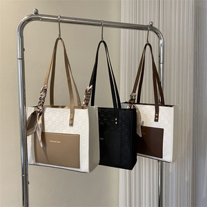 Checkered tote bags with silk scarf handles in cream, brown and black colors