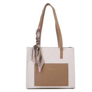 Sac fourre-tout à motif damier blanc et marron avec foulard en soie et poignées