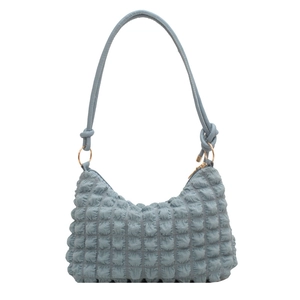 Morandi blue bubble textured hobo bag with 3D pleated fabric and gold metal rings
