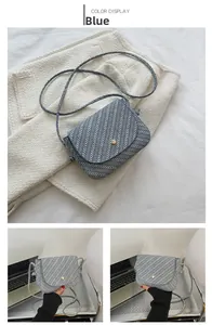 Details der blauen gewebten Satteltasche mit Fischgrätenmuster und Goldschnalle