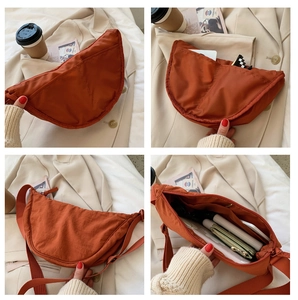 Detailed four-grid view showing orange nylon crescent bag capacity and back pocket
