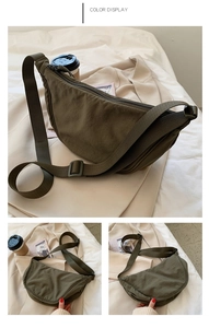 Detailed views of a dark olive green nylon crescent bag with adjustable strap and zip closure