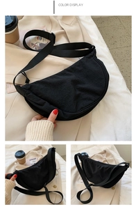 Detailed views of a black crescent nylon crossbody bag on a casual lifestyle background