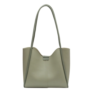 Sage green leather tote bag with elegant wave-cut top and sturdy shoulder straps