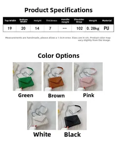 Detailed size chart and multi-color selection for V-quilted faux leather chain bag