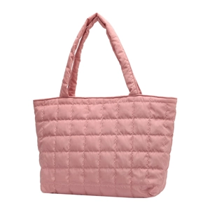 Pink quilted tote bag with square stitching and padded handles for daily casual use