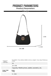 Vue détaillée du sac bandoulière noir en PU avec dimensions et boucle boussole dorée