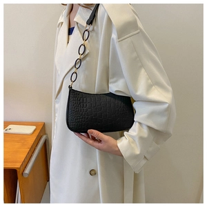 Close-up of black crocodile pattern felt bag with chain detail on a model in trench coat