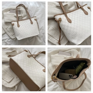 Detailed four-view of the woven checkered tote bag showing spacious interior and leather trim