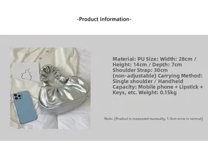 Silver pleated cloud bag dimensions 28x14x7cm and PU material detail overview