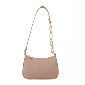 Khaki crocodile pattern felt baguette bag with decorative resin chain strap